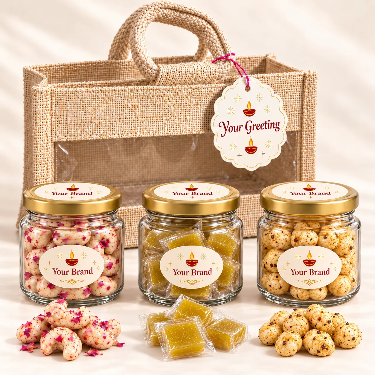 Festive Utsav presentation: Kaju, Makhana, Aam Delight, 350 ml glass jars, a windowed jute bag and personalised print