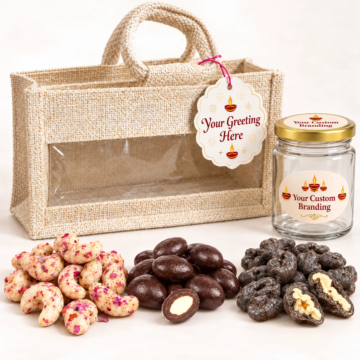 Premium Shagun presentation: Kaju, Badam, Walnut, 200 ml glass jars, a windowed jute bag and personalised print