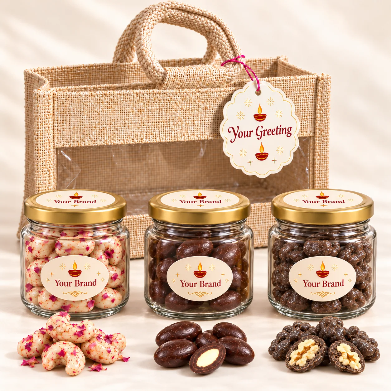 Premium Utsav presentation: Kaju, Badam, Walnut, 350 ml glass jars, a windowed jute bag and personalised print